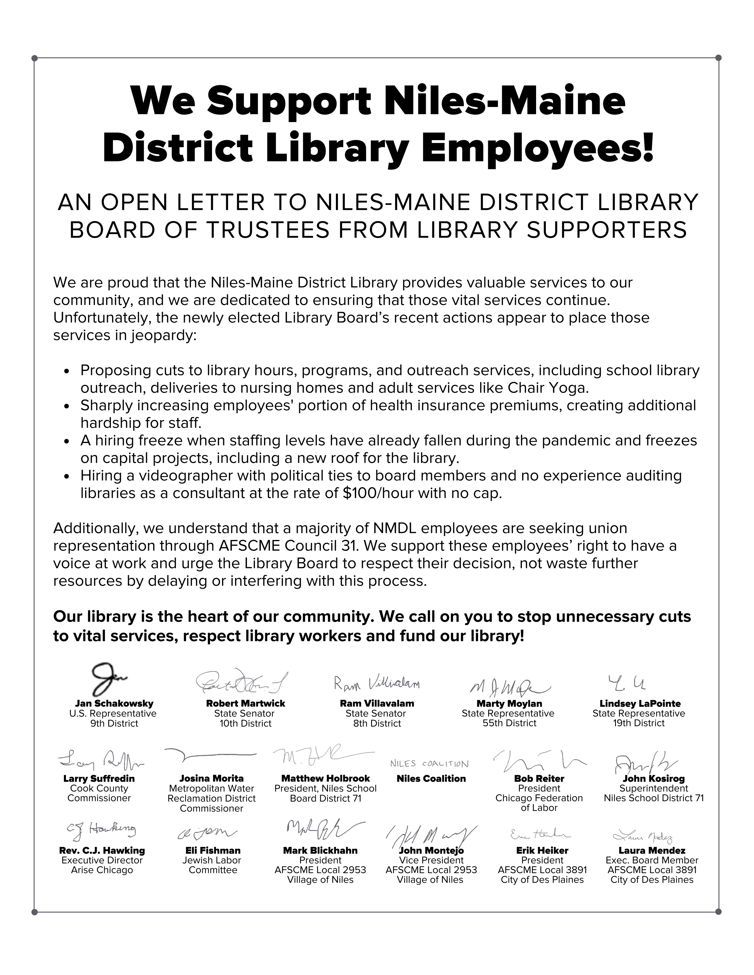 We Support Niles-Maine District Library Employees